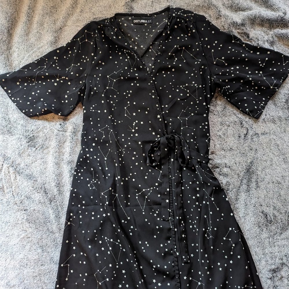 Black Celestial Stars Kimono Sleeve Wrap Dress - Large